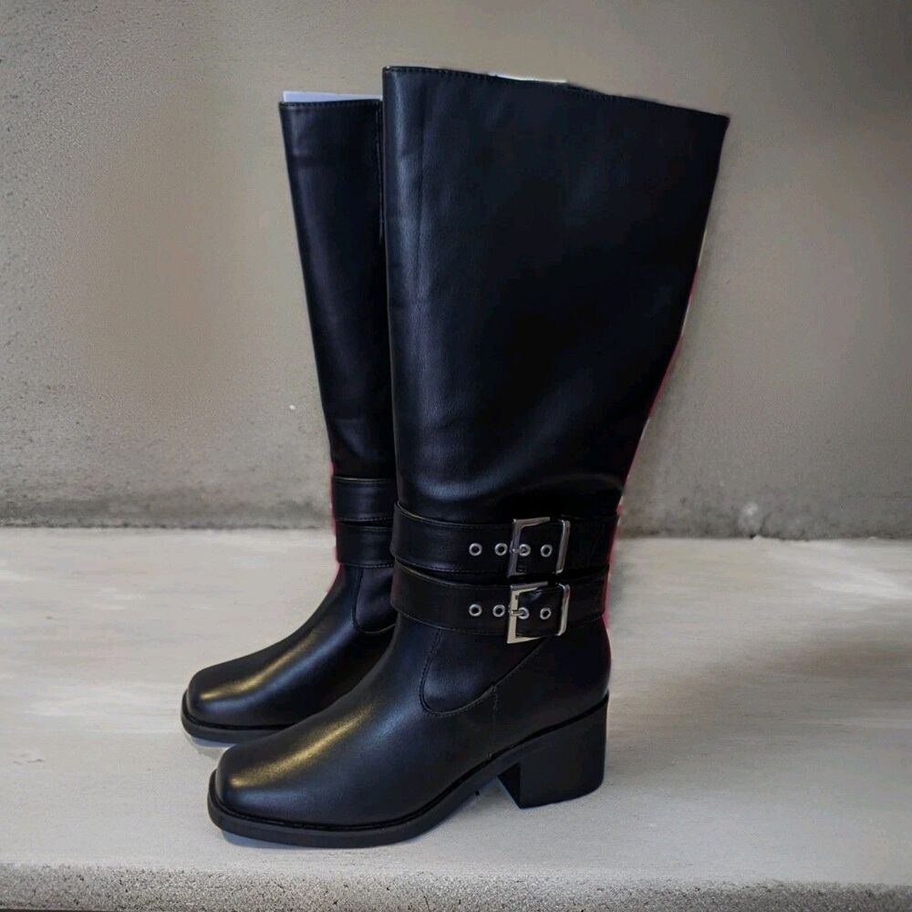 The Drop Women's Tall Black Boots with Buckles, Zipper 8.5